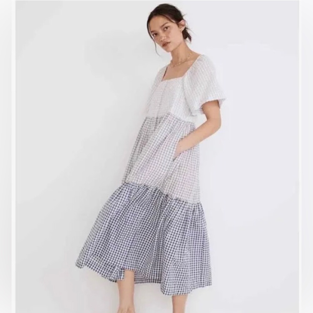 New with tags, Madewell patchwork gingham button front tiered midi dress